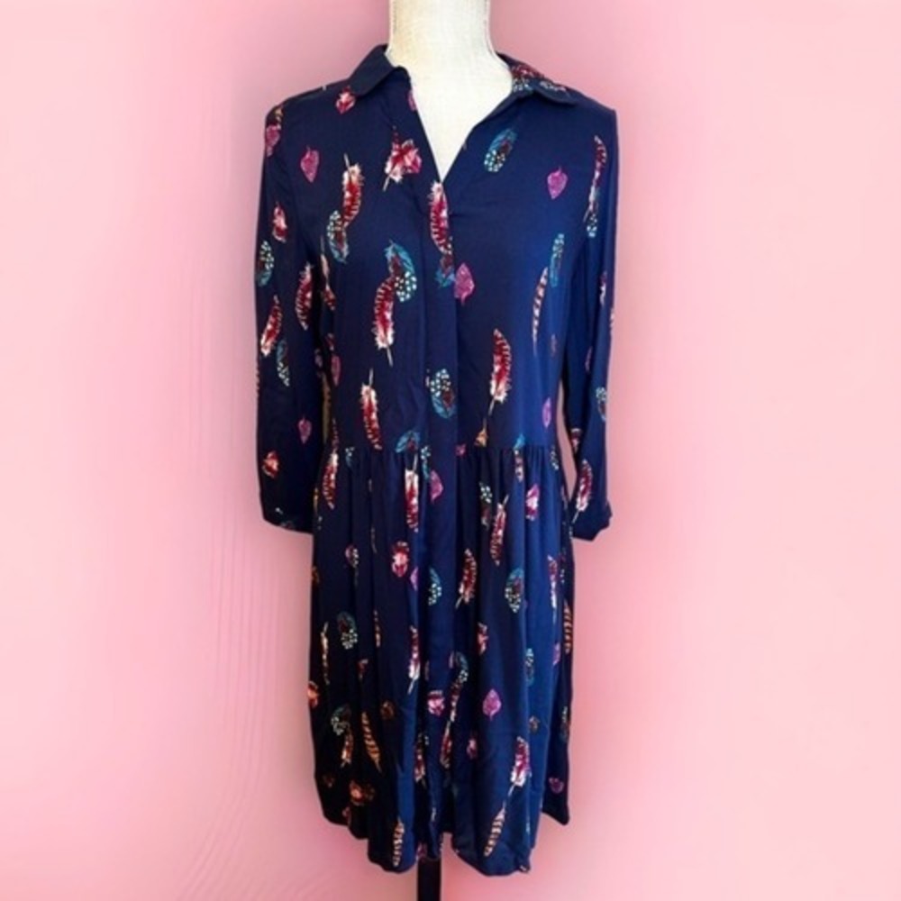 Joules‎ NWT blue oversized medium dress with feathers on print super cute Midi